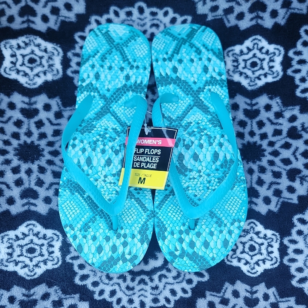 Teal/Turquoise Snake Print Flip Flops Si,e